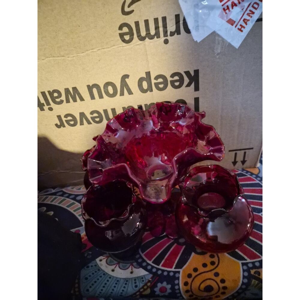 Vintage Fenton Ruby Fed A Set Of 3 Miniture Vases And A Larger Ruby Red Pedestal